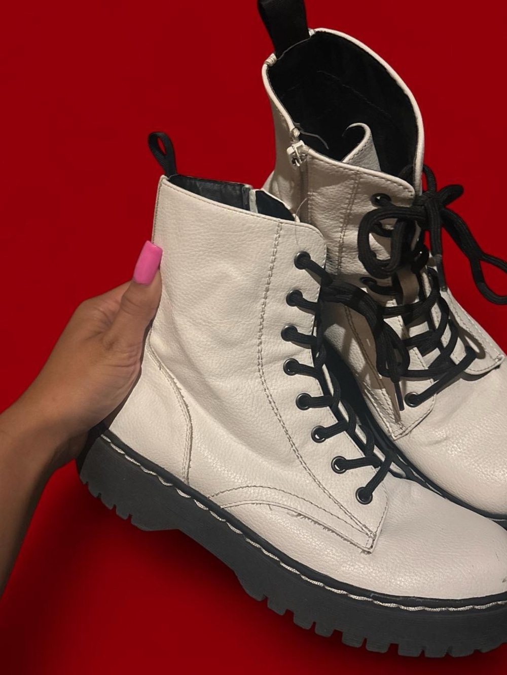 White Leather Lace-Up Combat Boots for Women